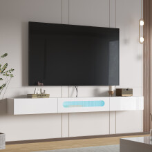 (Weiß) radelldar TV-Schrank Lowboard LED Fernsehtisch hängend Fernsehschrank Hochglanz mit Wasserwellenglas, 200 x 26 x 20cm