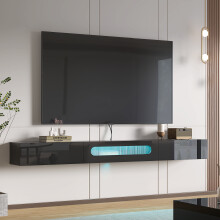 (Schwarz) radelldar TV-Schrank Lowboard LED Fernsehtisch hängend Fernsehschrank Hochglanz mit Wasserwellenglas, 200 x 26 x 20cm