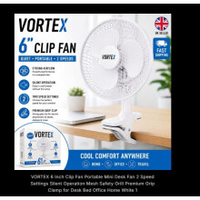 VORTEX 6 Inch Clip Fan Portable Mini Desk Fan 2 Speed Settings Silent Operation Mesh Safety Grill Premium Grip Clamp for Desk Bed Office Home White