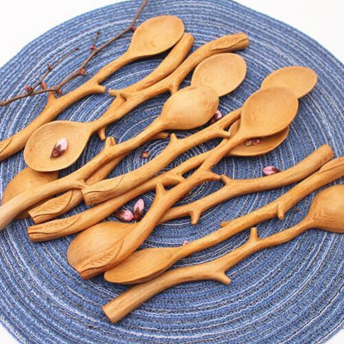 5 Pcs Japanese Style Beech Spoons,Branch Shape Long Handle Scoop,Coffee Stirring Spoon,Tableware 1