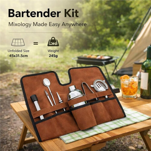 Canvas Cocktail Set Carry Bag, Portable Folding Roll Strap, Brown - Durable Bartender Kit,  Design 1