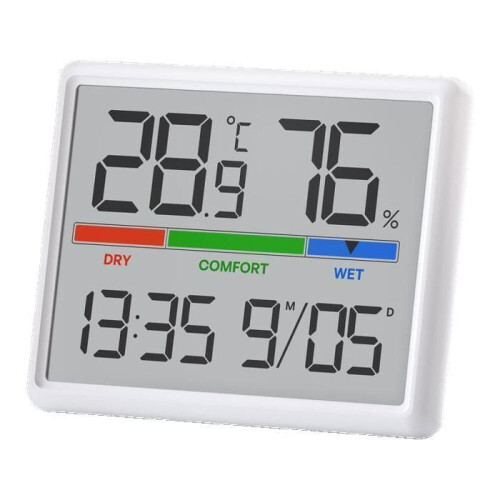 Termometru-higrometru digital, eleBite, ecran LCD, ceas/calendar, format 12/24h, design magnetic sau cu suport, utilizare în inter