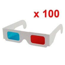 Parti med 100 universelle anaglyfiske 3D-briller i papp (rød/cyan/blå)