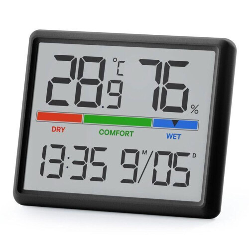 eleBite digitalt termometer og hygrometer, LCD-skærm, kalenderur, 12/24-timers format, magnetisk indvendigt design, sort
