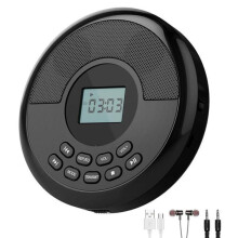 Svart bærbar CD-spiller med Bluetooth - innebygde høyttalere, USB, 1500 mAh batteri, støtsikker, HiFi, kompakt - 145 x 145 x 30 mm