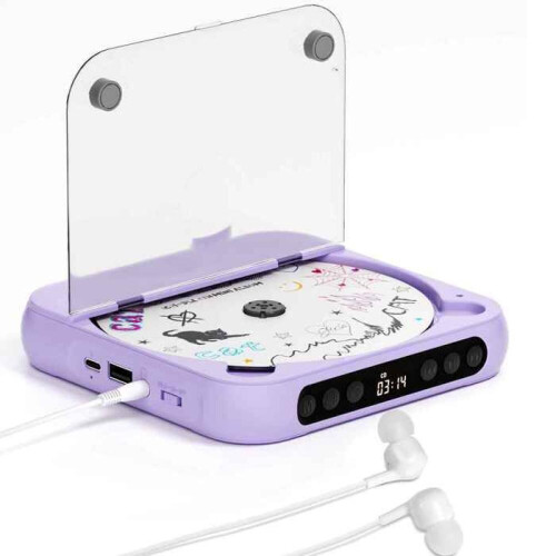 Bluetooth CD-spiller - BYTELIKE - Mini bærbar - Lilla - Bluetooth 5.3 - 2000 mAh batteri - 2W høyttaler 1