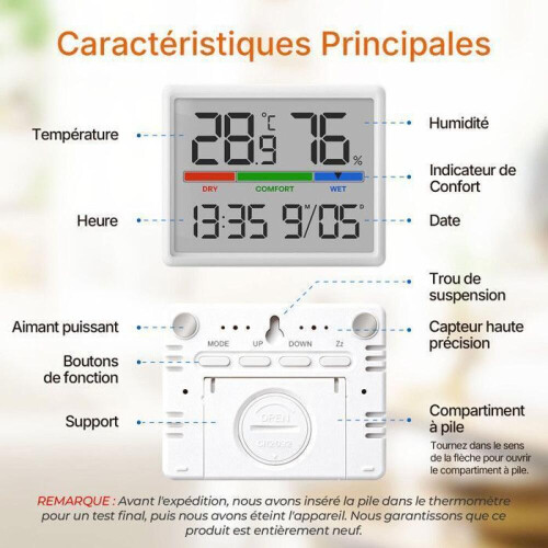 Termometru-higrometru digital, eleBite, ecran LCD, ceas/calendar, format 12/24h, design magnetic sau cu suport, utilizare în inter 2