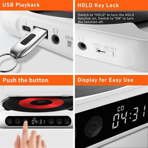 Lett HiFi bærbar Bluetooth CD-spiller med høyttaler, repeat, MP3, AUX, USB 1