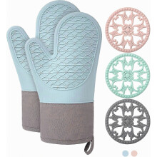 Set di 5 guanti da forno in silicone blu resistenti al calore per cucinare e cuocere al forno.