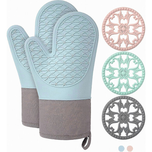 5pc Blue Silicone Oven Mitts Set Heat Resistant for Cooking Baking