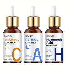 (3pcs) Day & Night Vitamin C Retinol Hyaluronic Acid 3-in-1 Essence Set with Collagen, Aloe, Centella. Locks Moisture for
