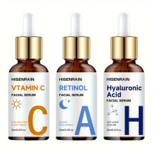 (3-Pack - 30ml) Day & Night Serum: Vitamin C Retinol Hyaluronic Acid Essence Set, with Caffeine, Peptides, Ceramides. Brightens Light