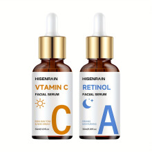 (2-pack - 30ml) Day & Night Serum: Vitamin C Retinol Hyaluronic Acid Essence Set, with Caffeine, Peptides, Ceramides. Brightens Light