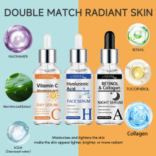 3pcs Day/Night Vitamin C And Retinol Set. Contains Hyaluronic Acid, Collagen, Aloe, And Niacinamide. Brightens, Firms,