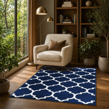 (120x170cm, Moroccan Trellis Navy) Short Pile Geometric Rug | Extra Soft Faux Fur Non Slip Rubber Backed Carpet