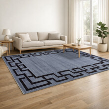 (160x230cm, Greek Key Blue) Short Pile Geometric Rug | Extra Soft Faux Fur Non Slip Rubber Backed Carpet