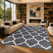 (200x290cm, Moroccan Trellis Grey) Short Pile Geometric Rug | Extra Soft Faux Fur Non Slip Rubber Backed Carpet