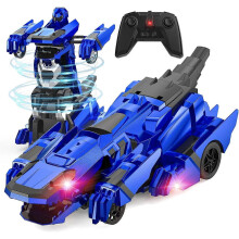 (Blue) Dinosaurie Transformer RC Bil 2.4G LED Blixt 360 Rotation 1-Knapps Deformerad Leksak Present Pojkar