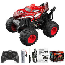 (T202 Red, 1:20) Musikljus RC Stuntbil Snurrande Monstertruck Dinosaurie Hajhuvud Barnleksak