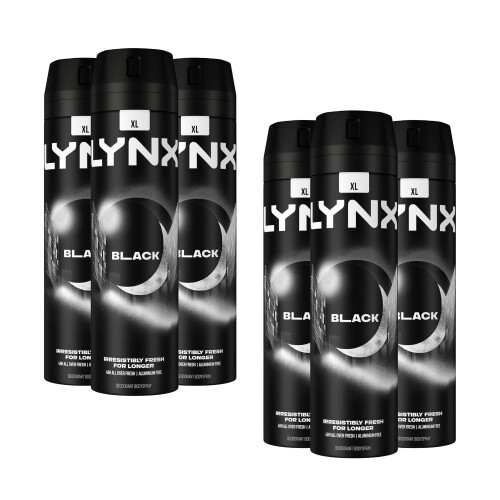 6 Pack Lynx XL All Day Fresh Body Spray Deodorant, Black, 200ml