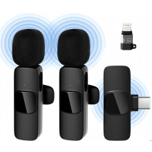 Draadloze microfoon met 2 microfoons, 20 m bereik, 10 uur batterijduur, voor iPhone en iPad, voor podcast en vlog, met Lightning- en USB-C-aansluiti