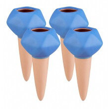 Waterkegel van klei, set van 4, druppelirrigatie, Ø 6 cm, keramiek, voor plantenbewatering, terracotta en blauw