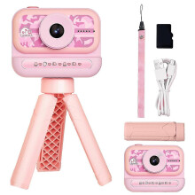 (Pink, Free Size) Toddler Camera Flip-up Lens Selfie Video HD Tripod 32GB Card Birthday Toy 3-8 Years