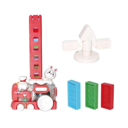 (Red) Kids Domino Train Auto Thrower Sound Light Projection Blocks Educational Gift