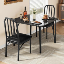 3 Pieces Rectangle Dining Table and Chairs Set Black Glass Tabletop Kitchen