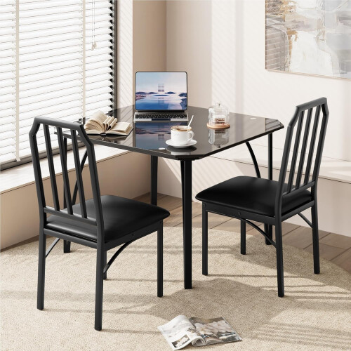 3 Pieces Rectangle Dining Table and Chairs Set Black Glass Tabletop Kitchen 1