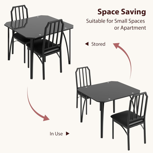 3 Pieces Rectangle Dining Table and Chairs Set Black Glass Tabletop Kitchen 2