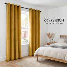 (66 x 72 (168cm x 183cm), Ochre Yellow) Luxury Velvet Curtains Ready Made Eyelet Thermal Soft Plush | 315 GSM Premium Quality