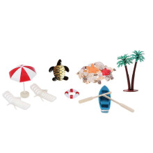 10-delars set med mini-däckstolar, strandparasoll, båtskal, dockhusdekorationer