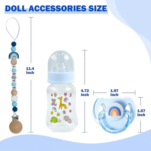 Blue Reborn Baby Doll Accessory Set Rainbow Pacifier Clips Magnetic Pacifiers Bottles 2