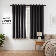 (46 x 54 (116cm x 137cm), Black) Luxury Velvet Curtains Ready Made Eyelet Thermal Soft Plush | 315 GSM Premium Quality