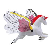 Cavallo giocattolo con ali svolazzanti e luci colorate, ideale per feste di compleanno, vacanze e viaggi.