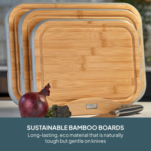 Cooks Professional Cooks Professional 3 Piece Bamboo Chopping Board Set with Stand | Grey Edging 1