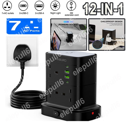 UK Extension 7 Way Tower Power Lead + 4 USB Multi Socket Surge Protected Socket