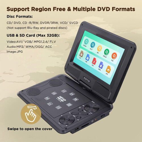 Portabl DVD Player with 9" Large HD Swivel Screen DVD CD TV Format USB SD Remote 2