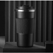 Bouteille isotherme noire robuste de 380 ml avec design antidérapant et facile à prendre en main pour une conservation de la chaleur longue durée.