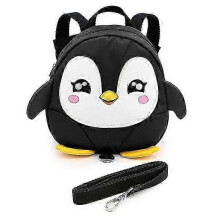 Kinderrucksack mit Pinguinmotiv, schwarz, mit abnehmbarer langer Leine