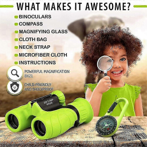 Binóculos infantis 8x21 com prisma BAK4, ideais para camping e viagens.