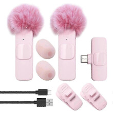 Draagbare dasspeldmicrofoon roze, 2 microfoons, 1 ontvanger voor mobiele telefoon, computer, livestreaming en opnameapparatuur.