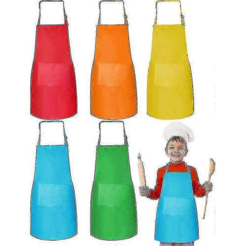 Reliable Children's Cooking Aprons, 5-piece Kit Adjustable, Multi-colored with Practical Pockets