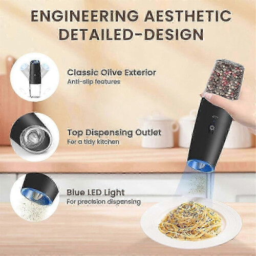 Rechargeable Electrical Salt and Pepper Grinder Kit Automatic Gravitys Grinder Adjustable Coarse-Black 2PCS 1