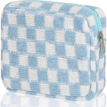 Sanitary Napkin Storage Sack Menstrual Cushion Zipper Checkered Portable Period Sack Panty Liners, Tampon Storage Bag-Blue