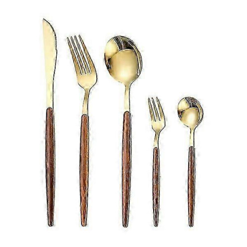 Wooden Handle Tableware 304 Stainless Steel Non-Deformable 5-Piece Kit Table Knife Fork Spoon 2