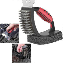 Spazzola per la pulizia del barbecue 3 in 1 Accessori per la pulizia del barbecue Raschietto in acciaio Cuscinetto abrasivo Spazzola con cavo in rame