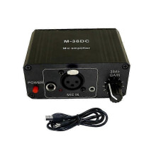 Draagbare microfoonvoorversterker met hoge versterking, 48V fantoomvoeding en XLR-uitgang, geschikt voor dynamische en condensatormicrofoons.