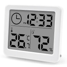 Higrômetro e termômetro duráveis e de alta precisão, com tela LCD que exibe umidade interna, hora e temperatura, ideal para uso em mesa ou estufa.